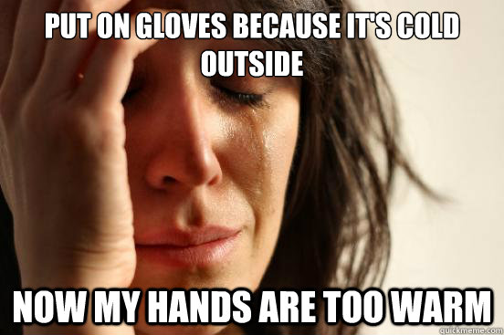 Put on gloves because it's cold outside Now my hands are too warm  First World Problems