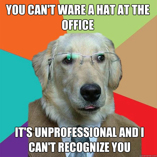 you can't ware a hat at the office it's unprofessional and i can't recognize you - you can't ware a hat at the office it's unprofessional and i can't recognize you  Business Dog