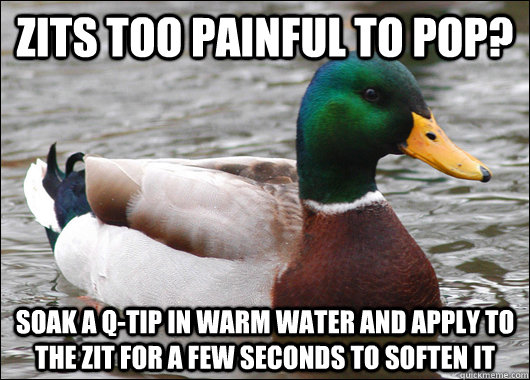 Zits too painful to pop? Soak a q-tip in warm water and apply to the zit for a few seconds to soften it - Zits too painful to pop? Soak a q-tip in warm water and apply to the zit for a few seconds to soften it  Actual Advice Mallard