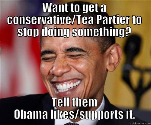 WANT TO GET A CONSERVATIVE/TEA PARTIER TO STOP DOING SOMETHING? TELL THEM OBAMA LIKES/SUPPORTS IT. Scumbag Obama