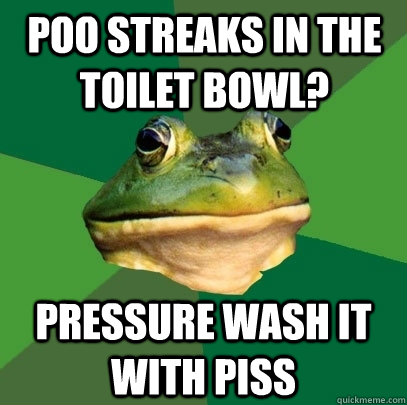 poo streaks in the toilet bowl? pressure wash it with piss  Foul Bachelor Frog