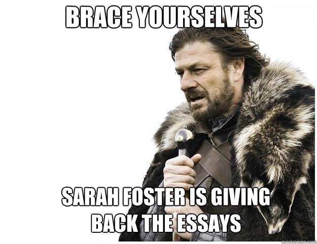 Brace yourselves SARAH FOSTER IS GIVING BACK THE ESSAYS  Imminent Ned