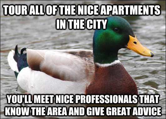 Tour all of the nice apartments in the city You'll meet nice professionals that know the area and give great advice  Actual Advice Mallard