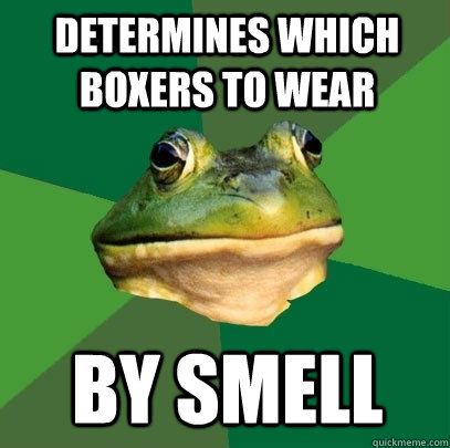Determines which boxers to wear by smell  Foul Bachelor Frog