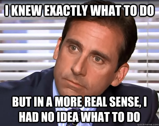 i knew exactly what to do but in a more real sense, I had no idea what to do - i knew exactly what to do but in a more real sense, I had no idea what to do  Idiot Michael Scott