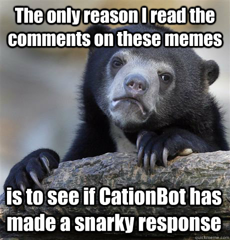 The only reason I read the comments on these memes is to see if CationBot has made a snarky response  Confession Bear
