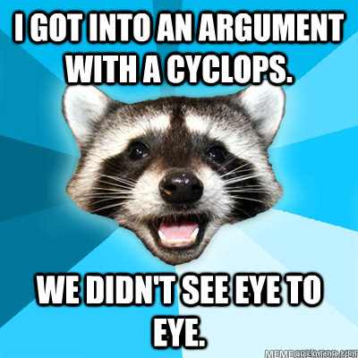 I got into an argument with a cyclops. We didn't see eye to eye.   Lame Pun Raccoon