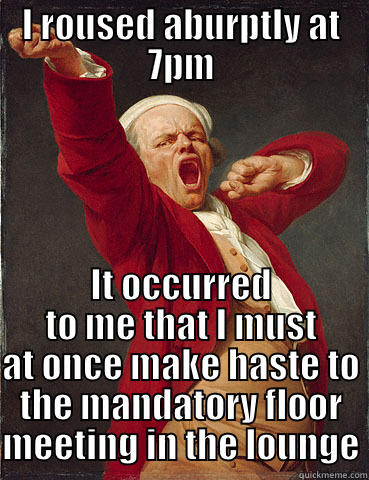 I ROUSED ABURPTLY AT 7PM IT OCCURRED TO ME THAT I MUST AT ONCE MAKE HASTE TO THE MANDATORY FLOOR MEETING IN THE LOUNGE Misc