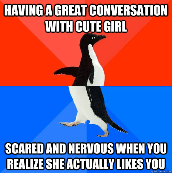 having a great conversation with cute girl scared and nervous when you realize she actually likes you  Socially Awesome Awkward Penguin