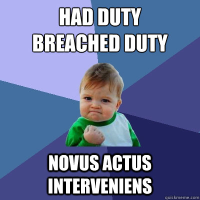 Had duty
Breached duty novus actus interveniens  Success Kid
