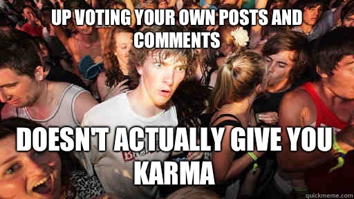 Up voting your own posts and comments Doesn't actually give you karma  Sudden Clarity Clarence