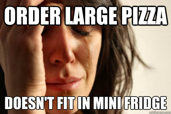 Order Large pizza Doesn't fit in mini fridge
  First World Problems