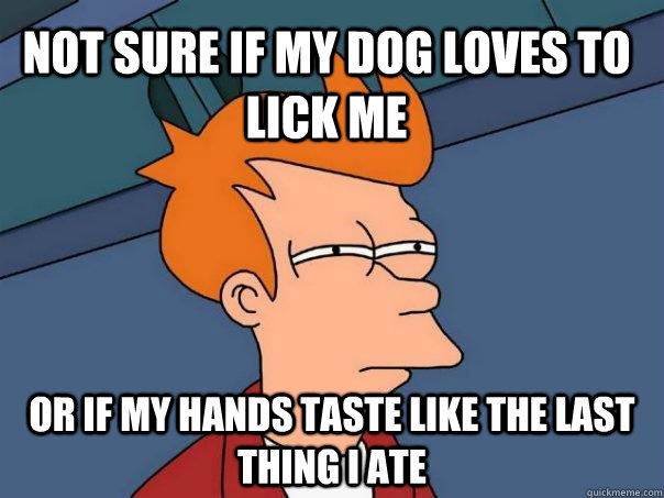 not sure if my dog loves to lick me or if my hands taste like the last thing I ate - not sure if my dog loves to lick me or if my hands taste like the last thing I ate  Futurama Fry