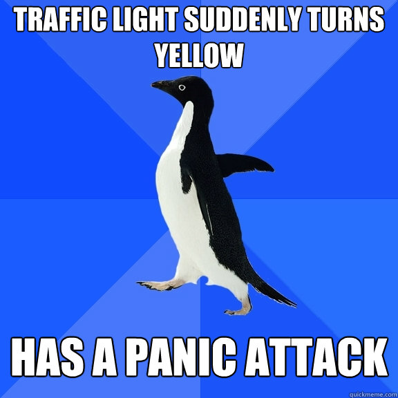 Traffic light suddenly turns yellow Has a panic attack  Socially Awkward Penguin