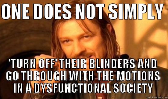 ONE DOES NOT SIMPLY  'TURN OFF' THEIR BLINDERS AND GO THROUGH WITH THE MOTIONS IN A DYSFUNCTIONAL SOCIETY Boromir