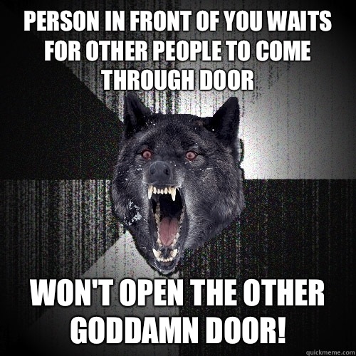 Person in front of you waits for other people to come through door Won't open the other goddamn door!  Insanity Wolf