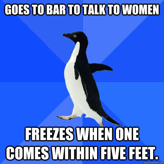 Goes to bar to talk to women Freezes when one comes within five feet.  Socially Awkward Penguin