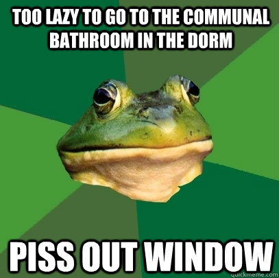 TOO LAZY TO GO TO THE COMMUNAL BATHROOM IN THE DORM PISS OUT WINDOW  Foul Bachelor Frog
