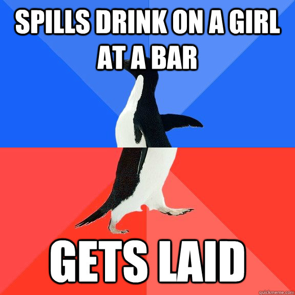 Spills drink on a girl at a bar Gets laid  Socially Awkward Awesome Penguin