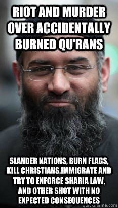 Riot and murder over accidentally burned Qu'rans Slander nations, burn flags, kill christians,immigrate and try to enforce sharia law, and other shot with no expected consequences  REAL Ordinary Muslim Man