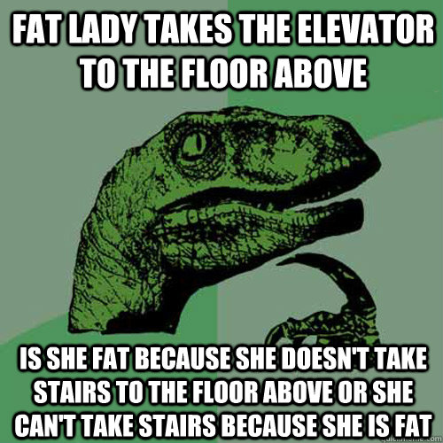 Fat lady takes the elevator to the floor above is she fat because she doesn't take stairs to the floor above or she can't take stairs because she is fat - Fat lady takes the elevator to the floor above is she fat because she doesn't take stairs to the floor above or she can't take stairs because she is fat  Philosoraptor