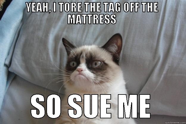 TORE TAG OFF MATRESS - YEAH, I TORE THE TAG OFF THE MATTRESS SO SUE ME Grumpy Cat