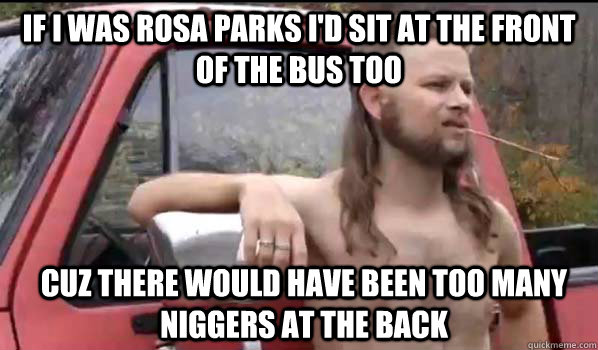 If I was Rosa Parks I'd sit at the front of the bus too Cuz there would have been too many niggers at the back   Almost Politically Correct Redneck