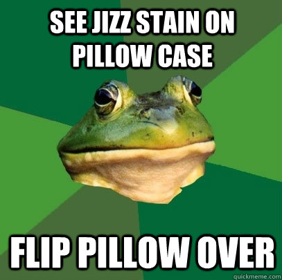 See jizz stain on pillow case flip pillow over  Foul Bachelor Frog