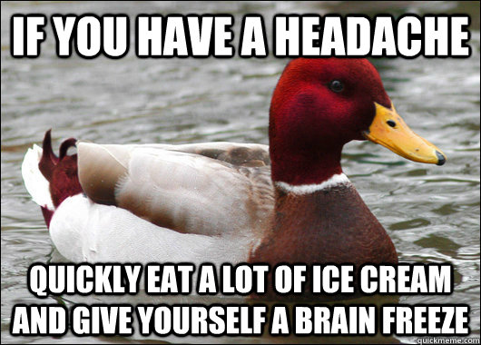 if you have a headache quickly eat a lot of ice cream and give yourself a brain freeze  Malicious Advice Mallard