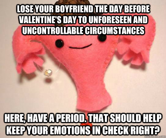 Lose your boyfriend the day before valentine's day to unforeseen and uncontrollable circumstances   Here, have a period. That should help keep your emotions in check right?  Scumbag Uterus