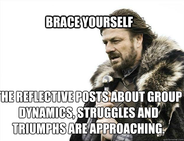 BRACE YOURSELF The reflective posts about group dynamics, struggles and triumphs are approaching.  BRACE YOURSELF TIMELINE POSTS