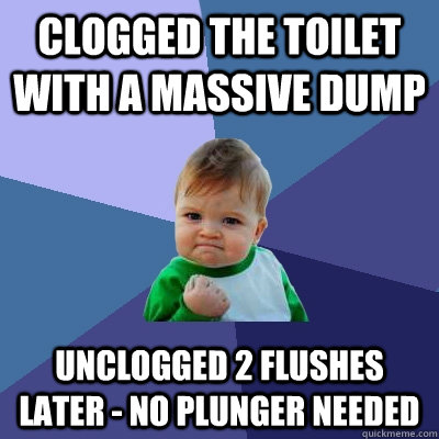 Clogged the toilet with a massive dump Unclogged 2 flushes later - no plunger needed - Clogged the toilet with a massive dump Unclogged 2 flushes later - no plunger needed  Success Kid
