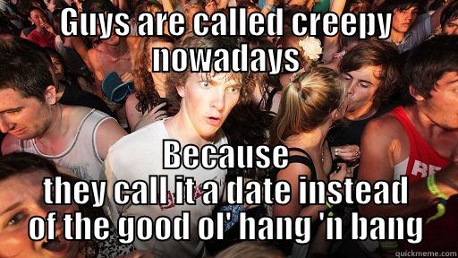 GUYS ARE CALLED CREEPY NOWADAYS BECAUSE THEY CALL IT A DATE INSTEAD OF THE GOOD OL' HANG 'N BANG Sudden Clarity Clarence