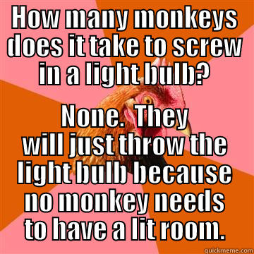 How many monkeys does it take to screw in a light bulb? - HOW MANY MONKEYS DOES IT TAKE TO SCREW IN A LIGHT BULB? NONE.  THEY WILL JUST THROW THE LIGHT BULB BECAUSE NO MONKEY NEEDS TO HAVE A LIT ROOM. Anti-Joke Chicken