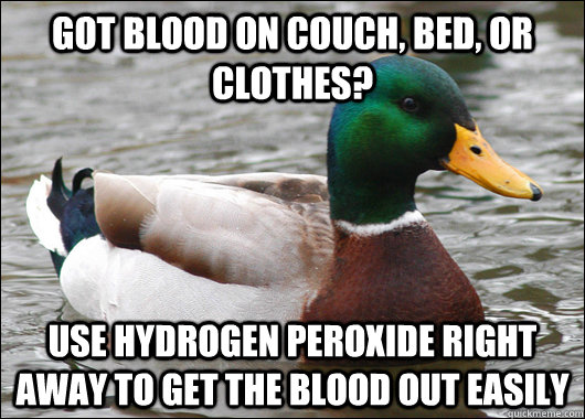 Got blood on couch, bed, or clothes? use hydrogen peroxide right away to get the blood out easily  Actual Advice Mallard