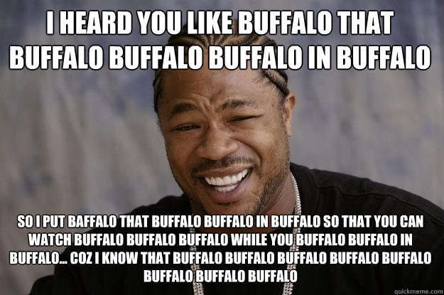 I heard you like buffalo that buffalo buffalo buffalo in buffalo so i put baffalo that buffalo buffalo in buffalo so that you can watch buffalo buffalo buffalo while you buffalo buffalo in buffalo... coz I know that buffalo buffalo buffalo buffalo buffalo  Xzibit meme