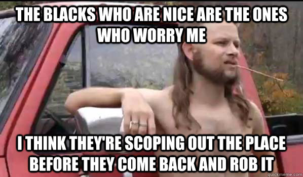 the blacks who are nice are the ones who worry me i think they're scoping out the place before they come back and rob it  Almost Politically Correct Redneck
