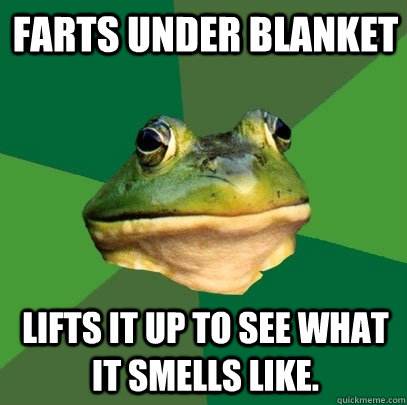 Farts under blanket Lifts it up to see what it smells like.  Foul Bachelor Frog