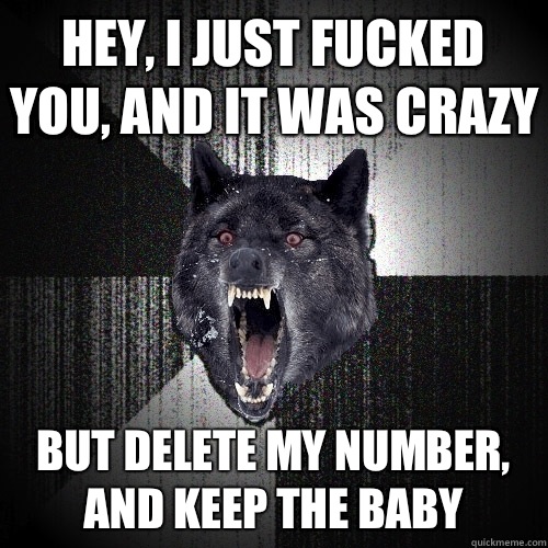 Hey, I just fucked you, and it was crazy But delete my number, and keep the baby  Insanity Wolf