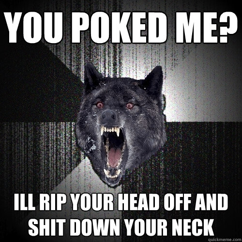 You poked me? ill rip your head off and shit down your neck  Insanity Wolf