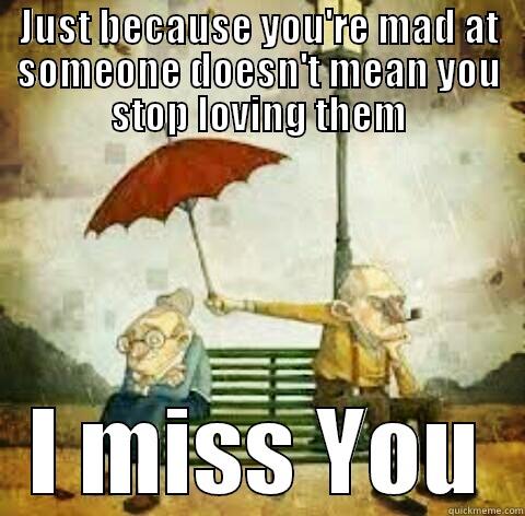 Just because you're mad at someone doesn't mean you stop loving them - JUST BECAUSE YOU'RE MAD AT SOMEONE DOESN'T MEAN YOU STOP LOVING THEM I MISS YOU This is true.