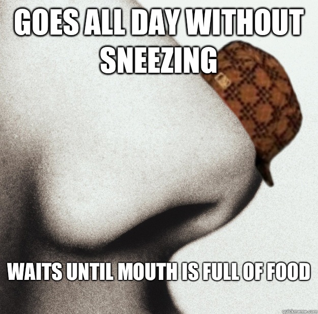 Goes all day without sneezing Waits until mouth is full of food
  