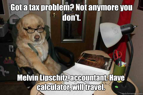 Got a tax problem? Not anymore you don't. Melvin Lipschitz, accountant. Have calculator, will travel.  