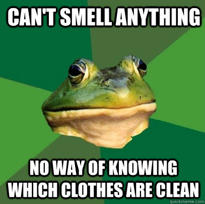 Can't smell anything NO WAY OF KNOWING WHICH CLOTHES ARE CLEAN  Foul Bachelor Frog