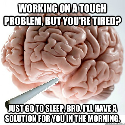 Working on a tough problem, but you're tired? Just go to sleep, bro. I'll have a solution for you in the morning.   Good Guy Brain