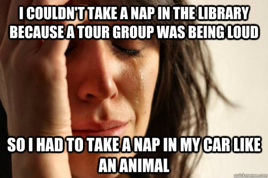I couldn't take a nap in the library because a tour group was being loud So I had to take a nap in my car like an animal  First World Problems