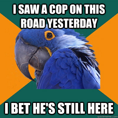 I saw a cop on this road yesterday I bet he's still here  Paranoid Parrot