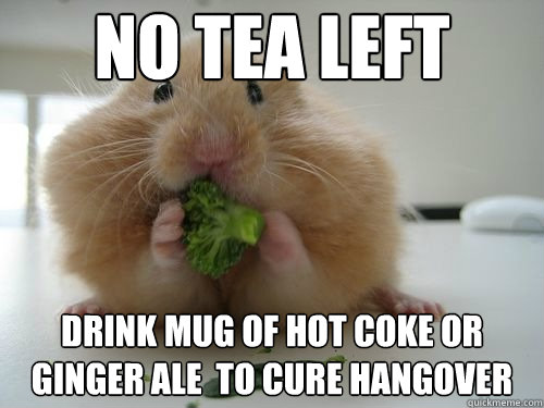 No tea left drink mug of hot coke or ginger ale  to cure hangover  