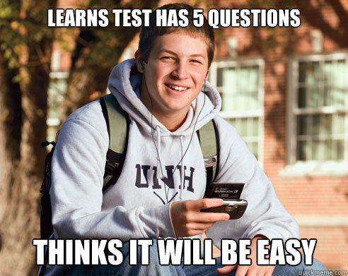 Learns test has 5 questions Thinks it will be easy  College Freshman