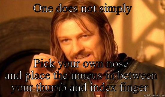            ONE DOES NOT SIMPLY                PICK YOUR OWN NOSE AND PLACE THE MUCUS IN BETWEEN YOUR THUMB AND INDEX FINGER  Boromir